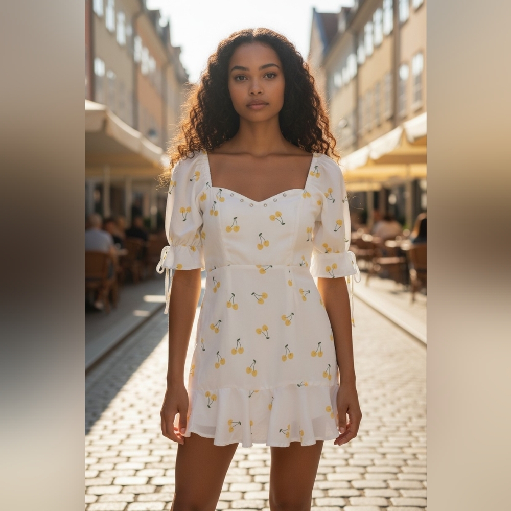 White Yellow Cherry‎ Print Puff Sleeve Tunic Mini Dress Grommet  Ruffle Hem